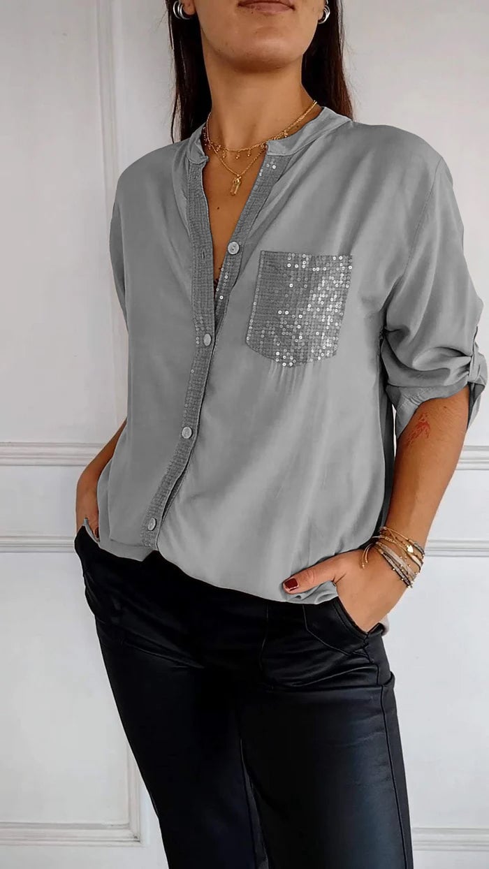 Women's Sequin Pocket Button-Up Blouse