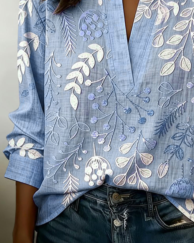 Women's Soft-Touch Blouse Pastel Floral V-Neck