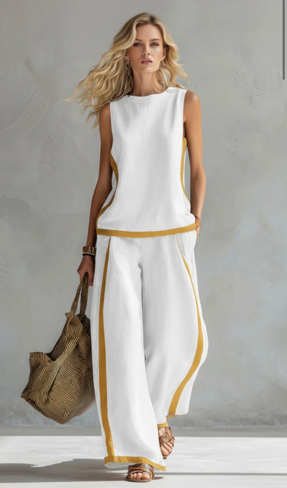 Women's Gold Trim Sleeveless Co-Ord Set with Wide-Leg Trousers