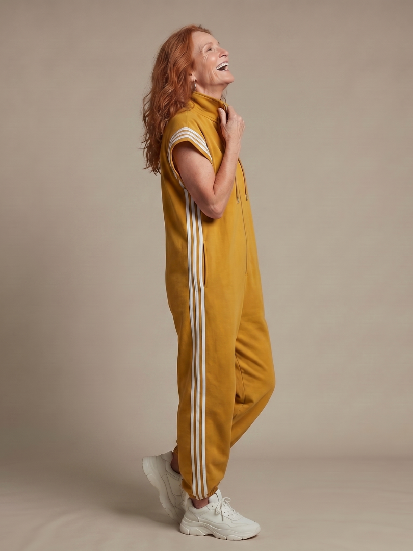 Women's Retro Zip-Up Jumpsuit with Side Stripes