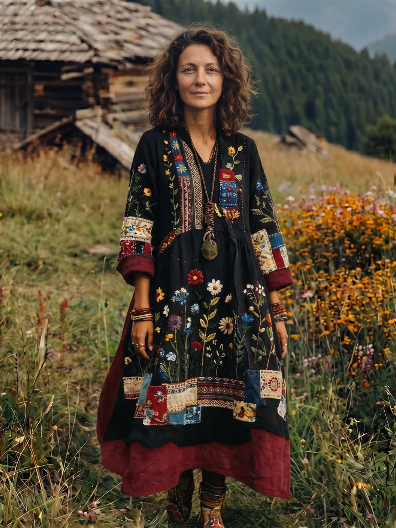 Women's Bohemian Floral Print Long Sleeve Midi Dress