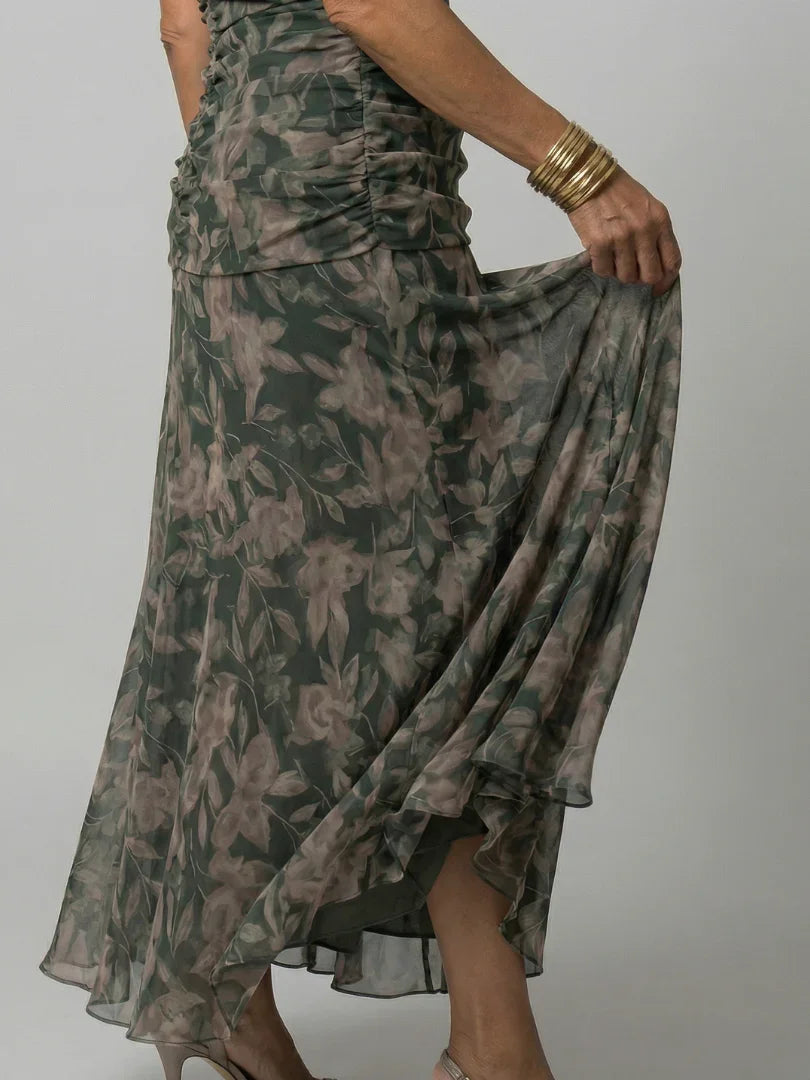 Women's Floral Mesh Maxi Dress with Ruched Bodice