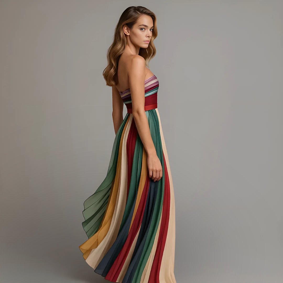 Strapless Pleated Maxi Dress Women Colorblock Flowing