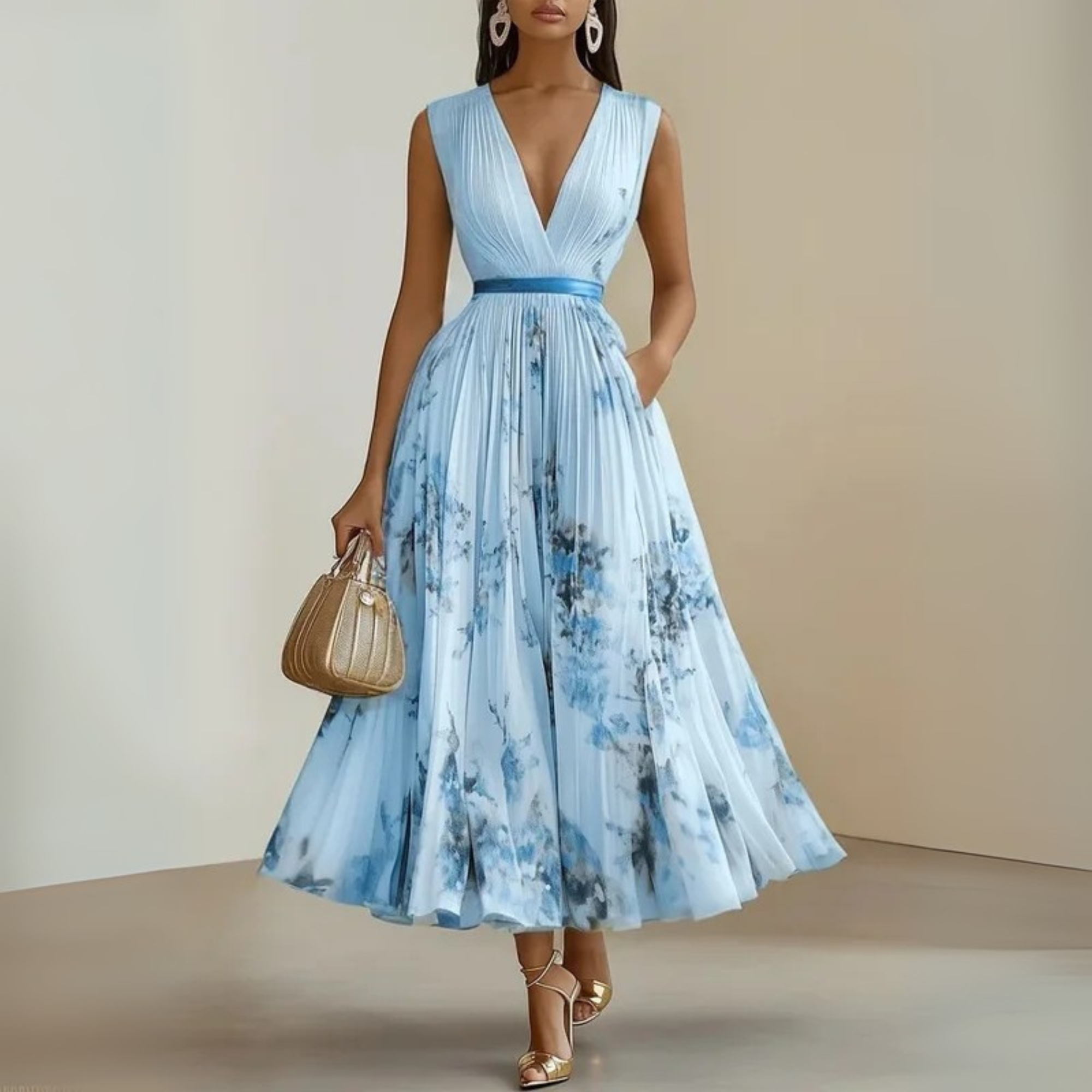Women's Sleeveless Deep V-Neck Pleated Maxi Dress