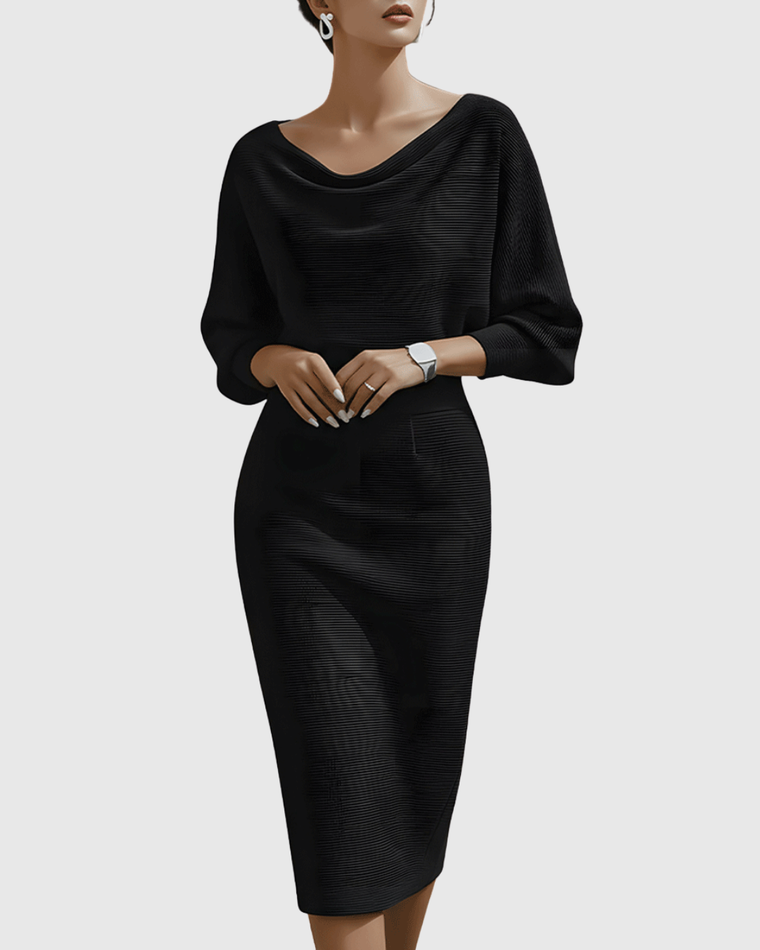 Women's Elegant Draped Neck Bodycon Midi Dress