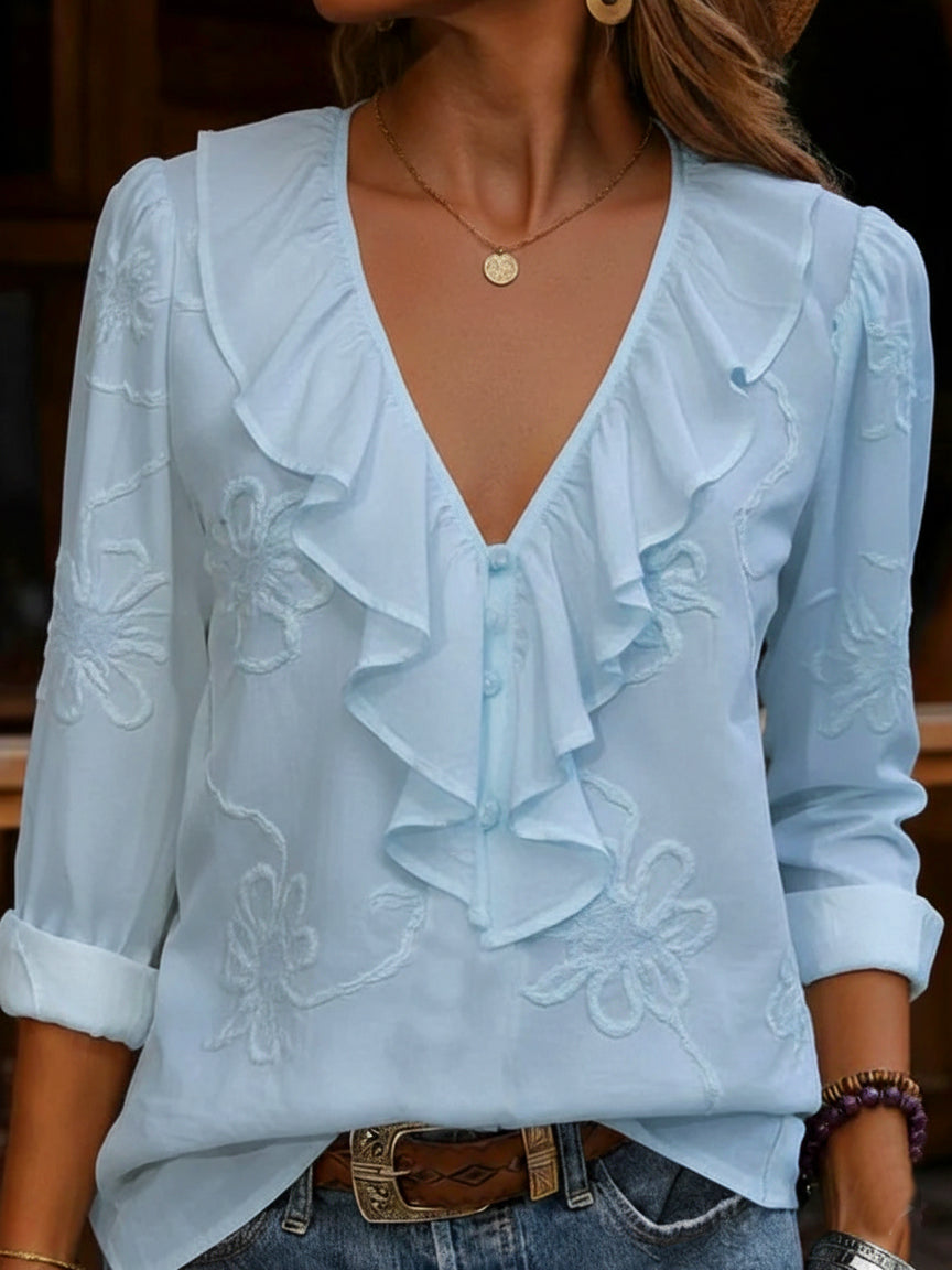 Women's Vintage Floral V-Neck Blouse with Frill