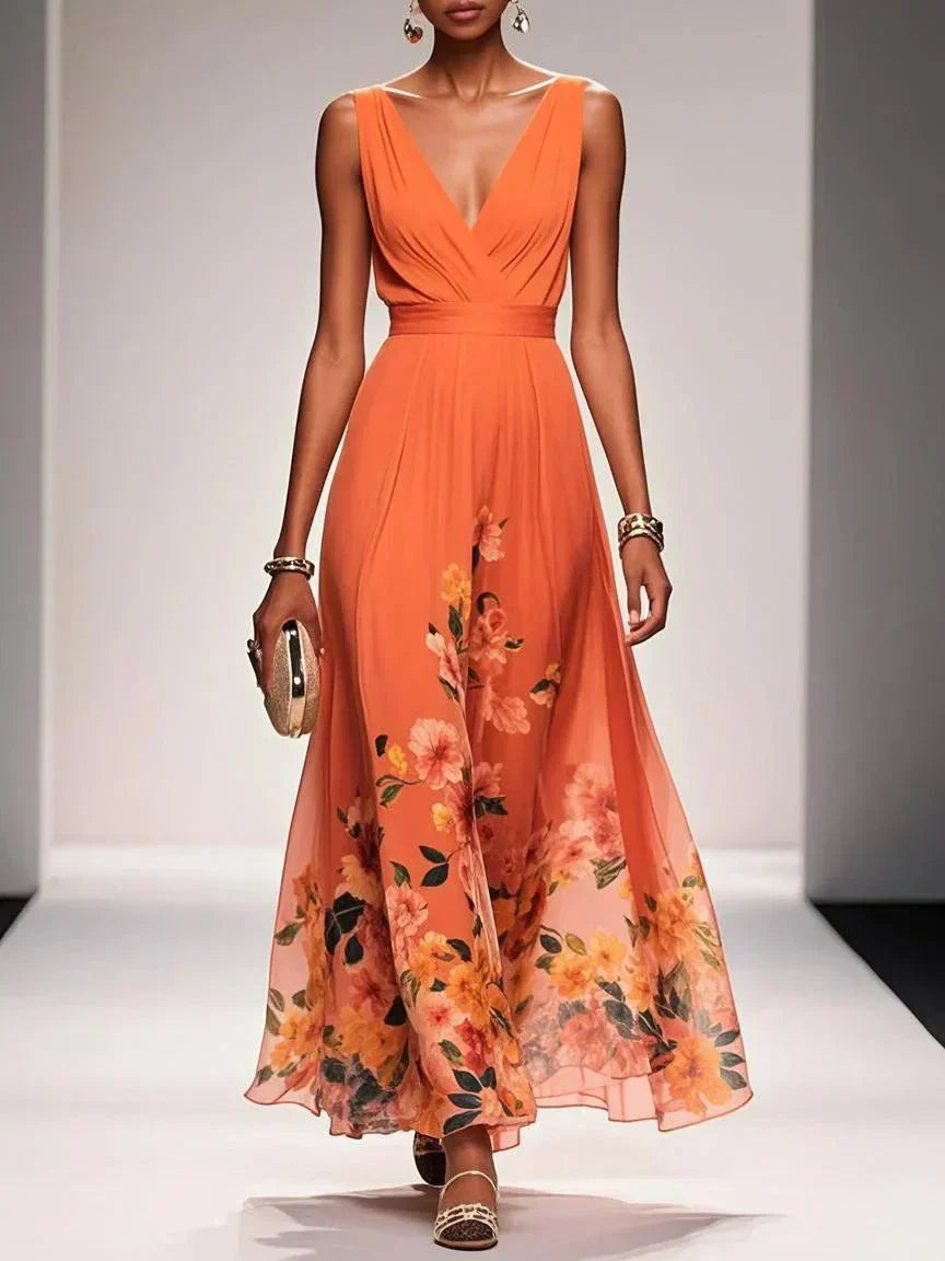 Women’s Floral V Neck Sleeveless Maxi Dress with Flowing Silhouette