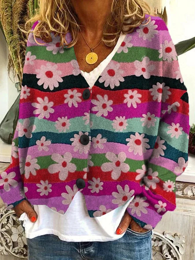 Women’s Floral Stripe Button Cardigan Sweater