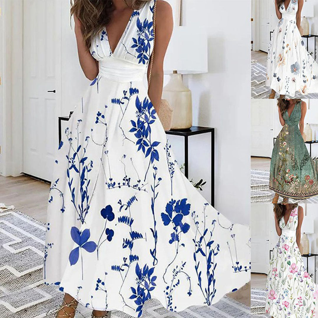Women’s Sleeveless Floral V-Neck Maxi Dress with Flowing A-Line Silhouette