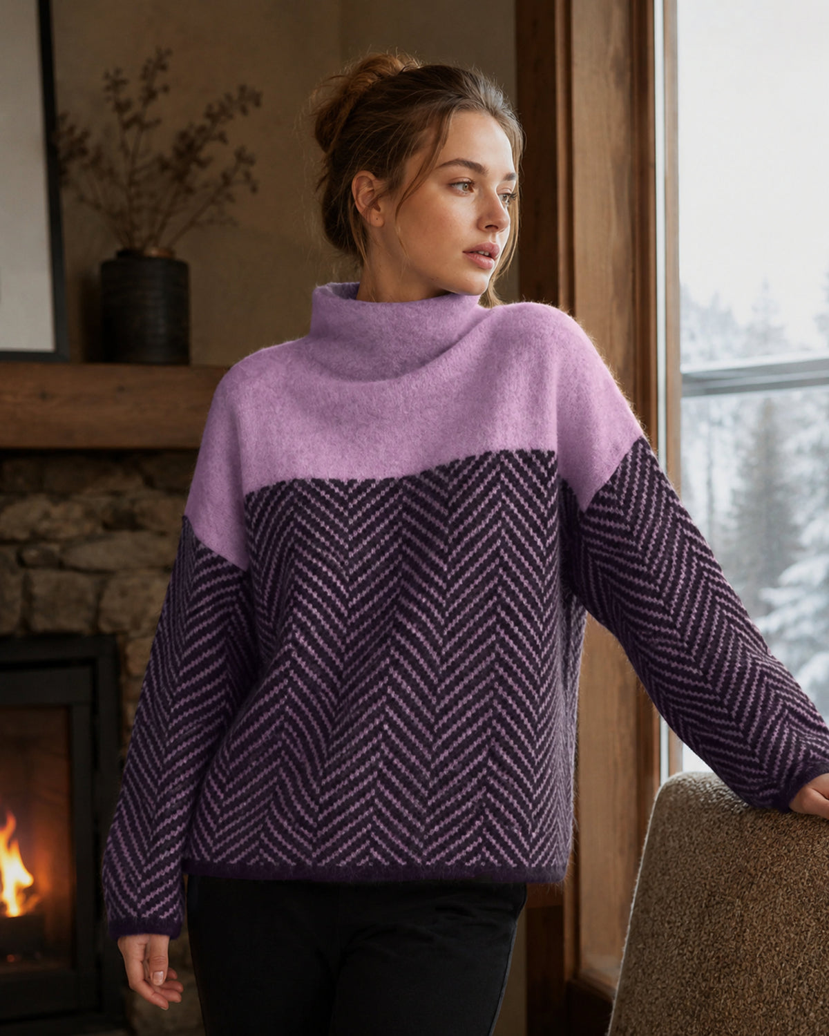 Women’s Herringbone Pattern Color Block Knit Sweater
