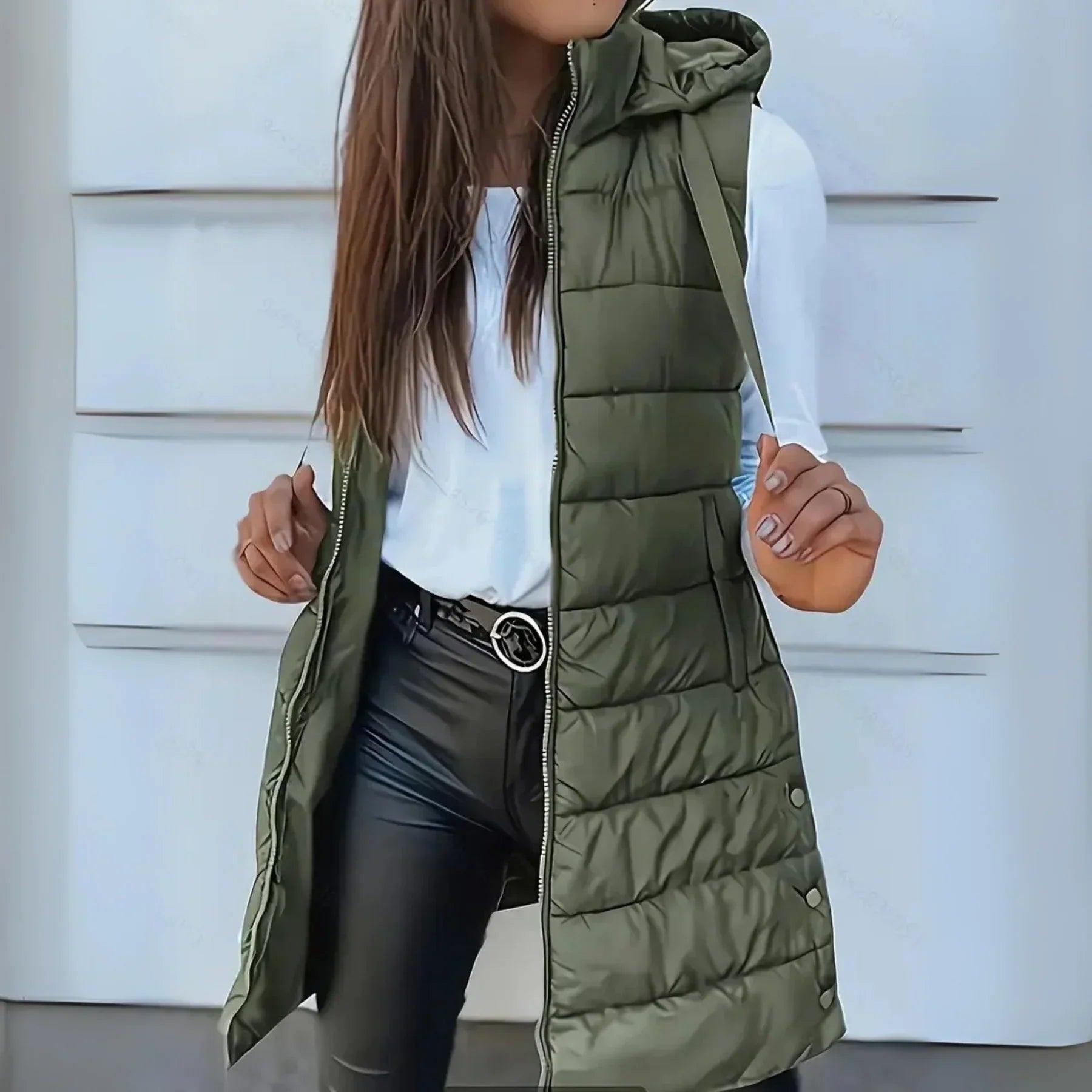 Women's Long Hooded Quilted Sleeveless Puffer  Vest
