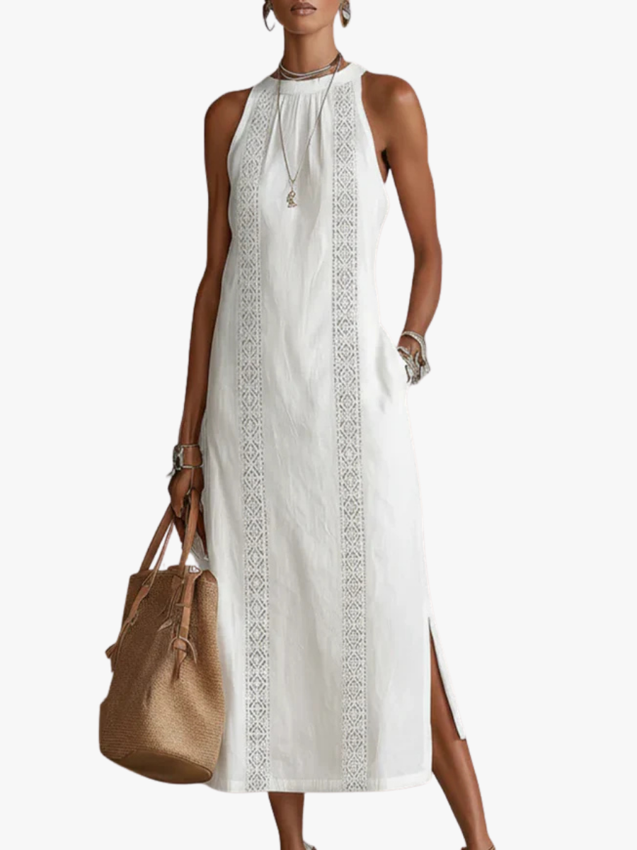 Women's Eyelet Trim Halter Neck Sleeveless Midi Dress