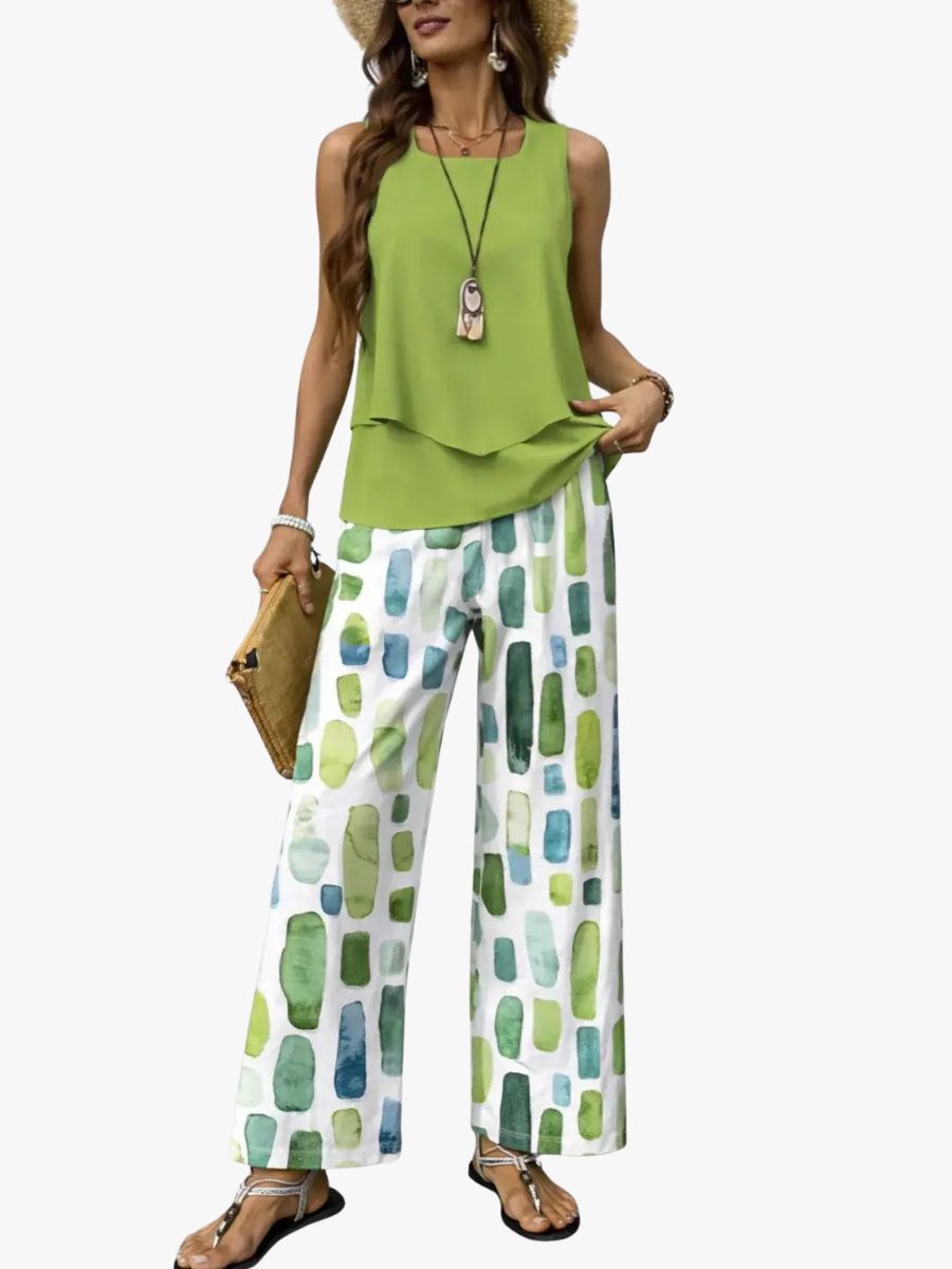 Women's Tiered Sleeveless Top & Abstract Print Trouser Set