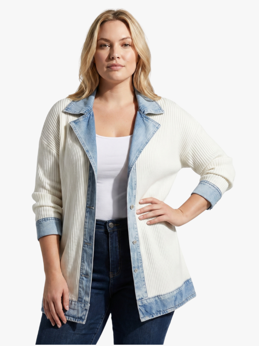 Women's Denim Trim Knit Cardigan with Pockets