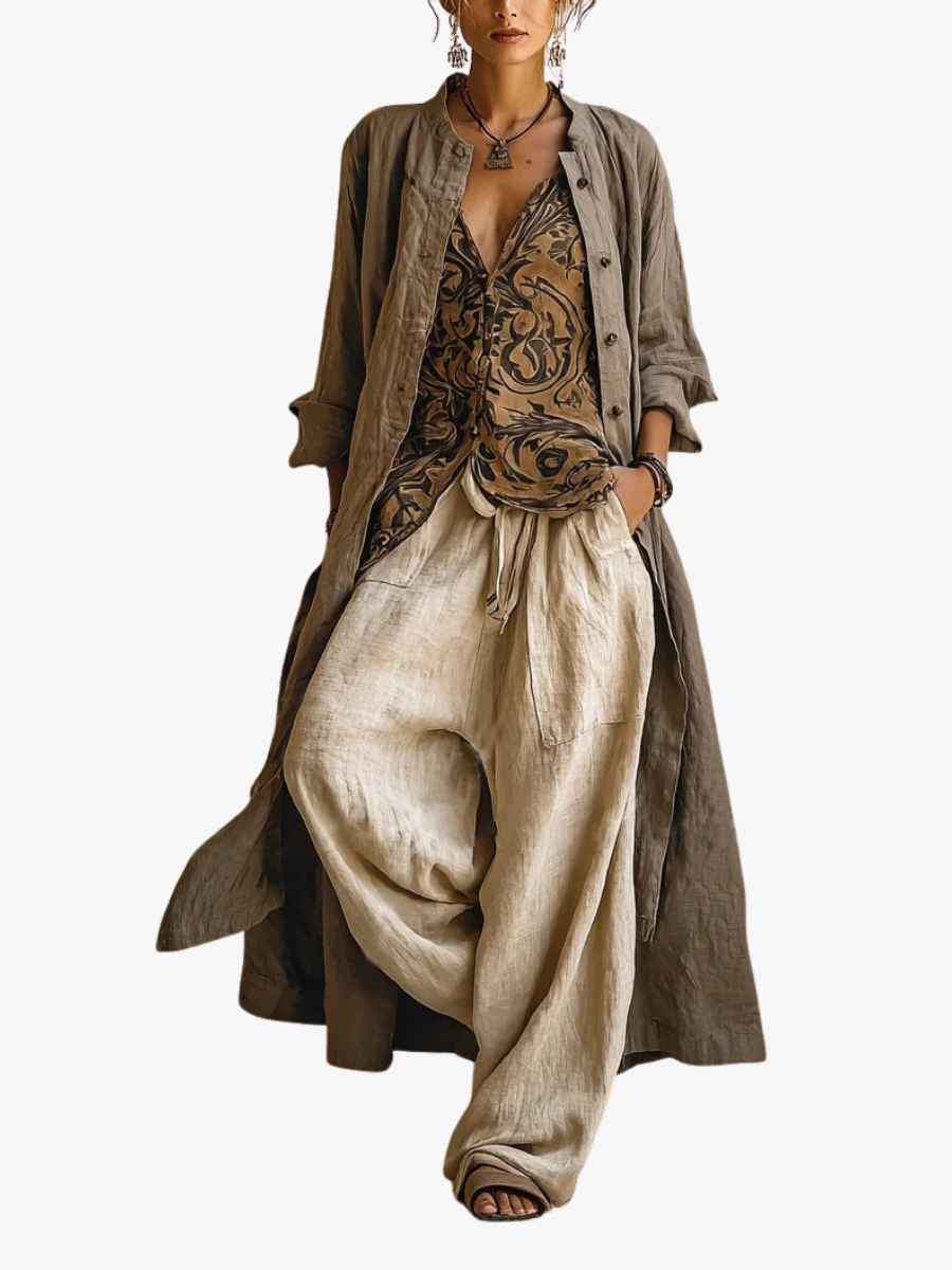 Women's Linen Three-Piece Set with Wide-Leg Pants