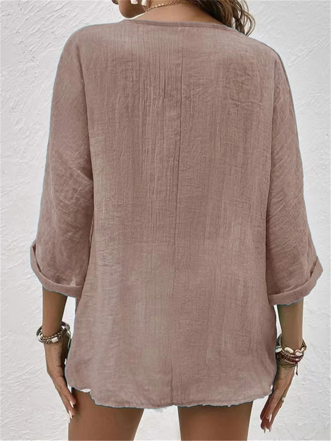 Women's V-Neck Button-Front Top with 3/4 Sleeves and Relaxed Fit
