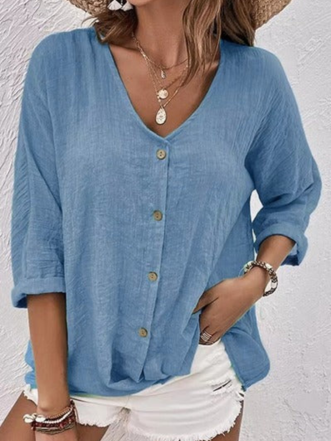 Women's V-Neck Button-Front Top with 3/4 Sleeves and Relaxed Fit