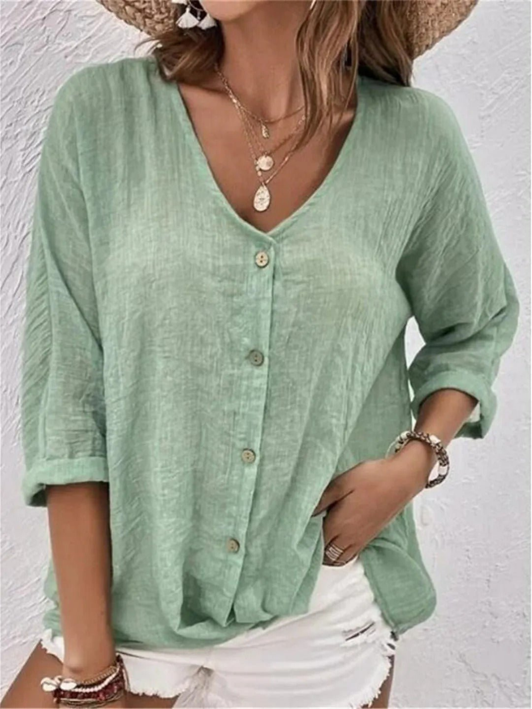 Women's V-Neck Button-Front Top with 3/4 Sleeves and Relaxed Fit