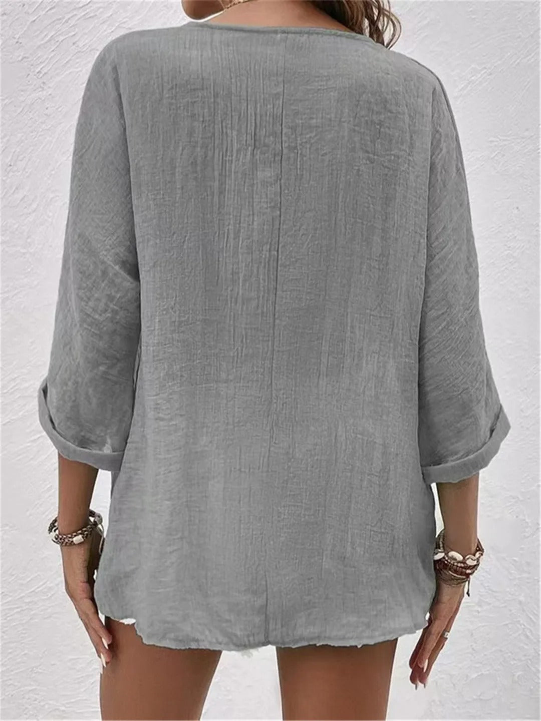 Women's V-Neck Button-Front Top with 3/4 Sleeves and Relaxed Fit