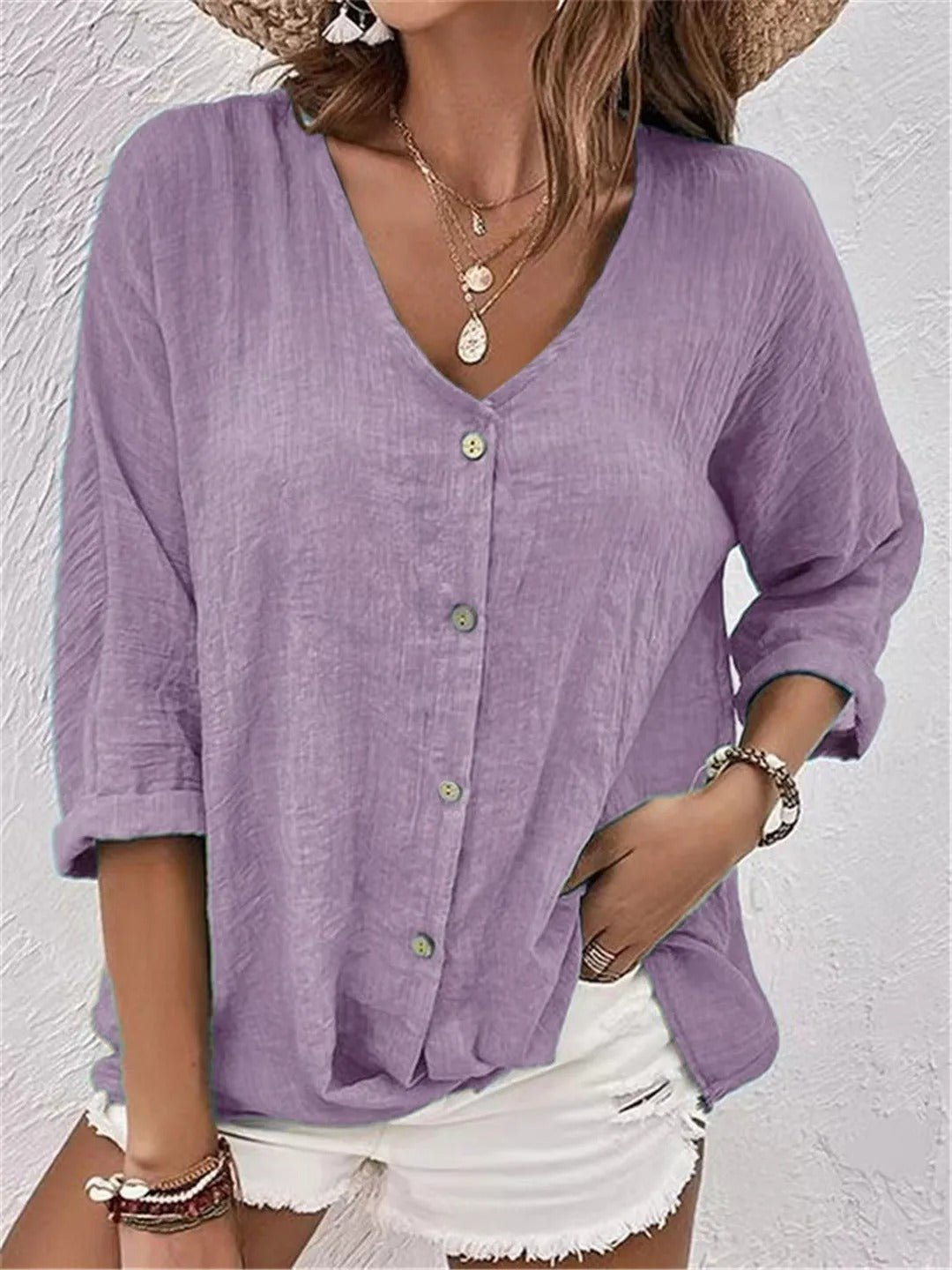 Women's V-Neck Button-Front Top with 3/4 Sleeves and Relaxed Fit