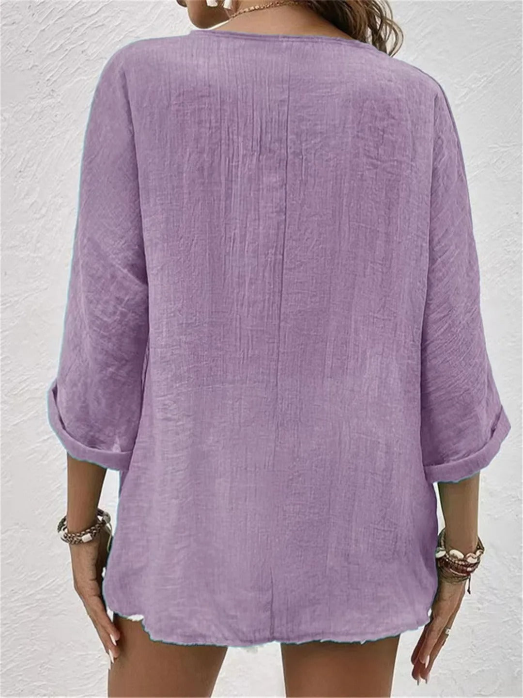 Women's V-Neck Button-Front Top with 3/4 Sleeves and Relaxed Fit