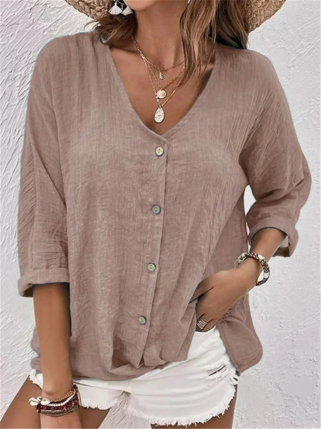 Women's V-Neck Button-Front Top with 3/4 Sleeves and Relaxed Fit