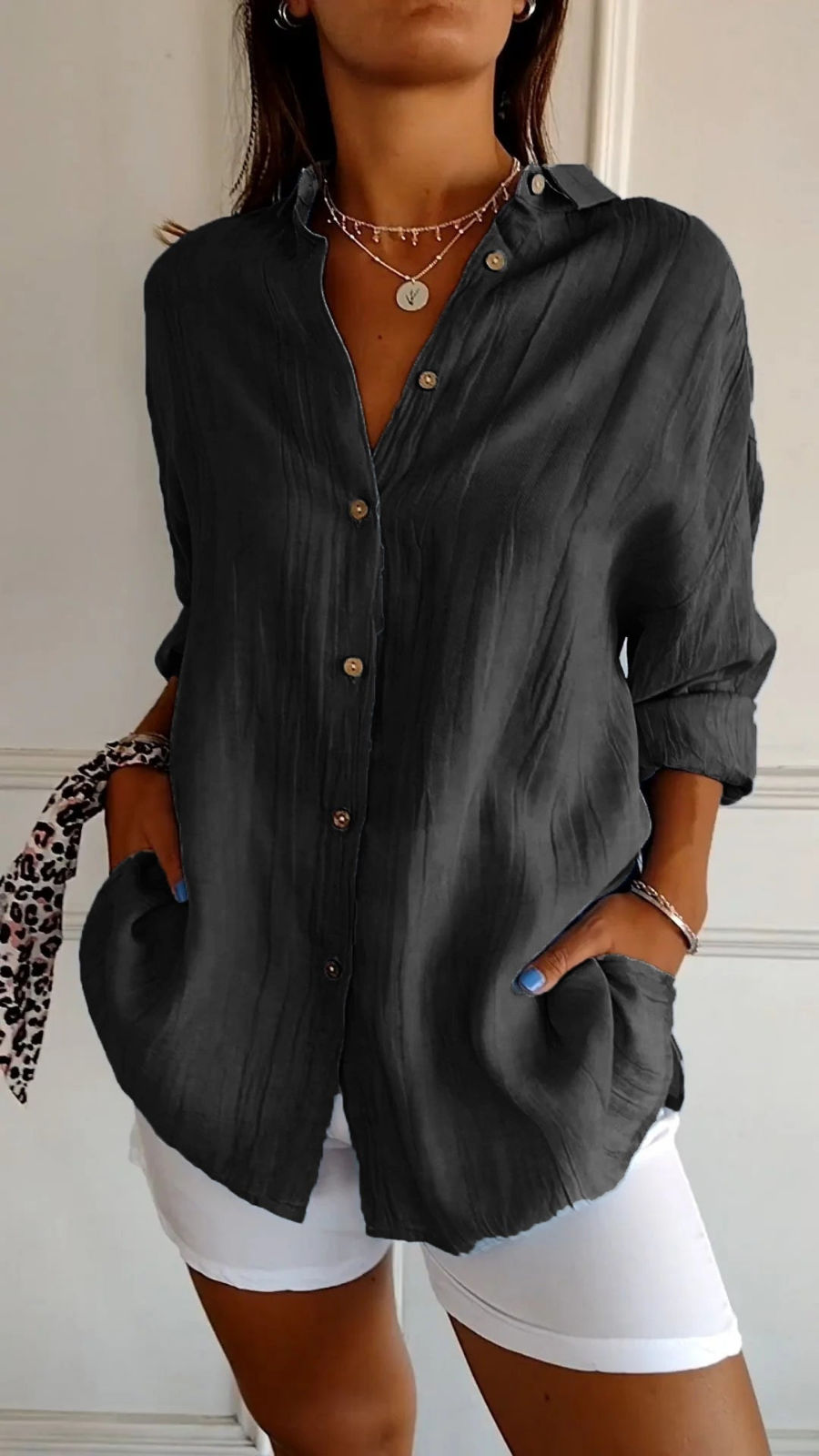 Women's Oversized Button-Down Collared Shirt with Relaxed Fit
