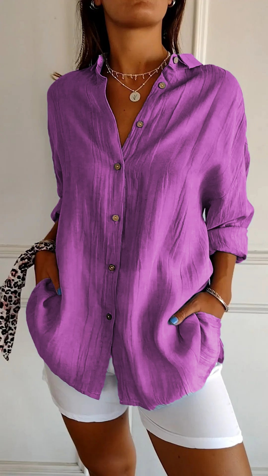 Women's Oversized Button-Down Collared Shirt with Relaxed Fit