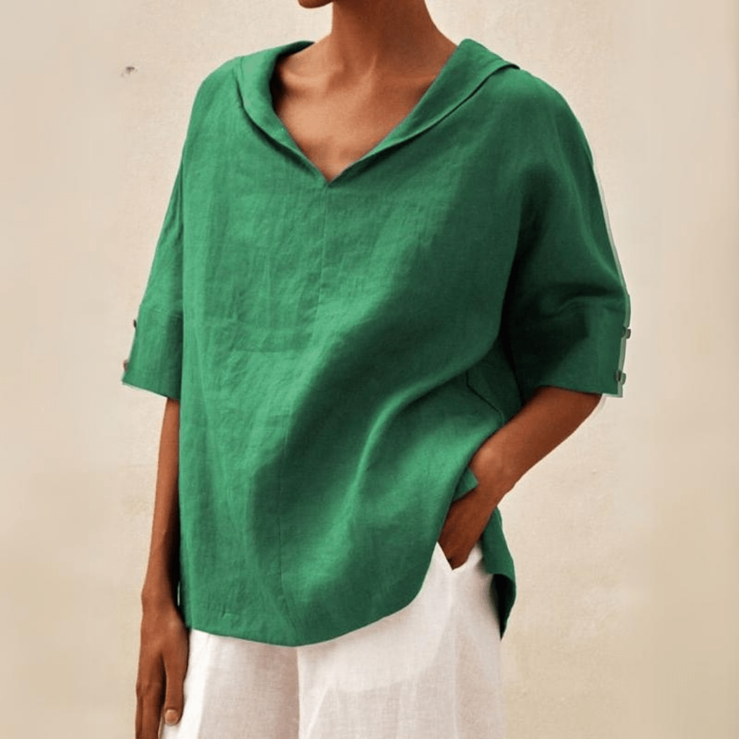 Women's Relaxed V-Neck Blouse with Rolled Sleeves