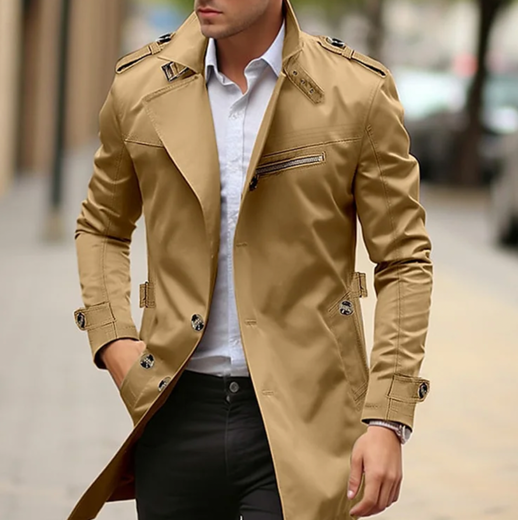 Men's Double-Breasted Longline Casual Trench Coat