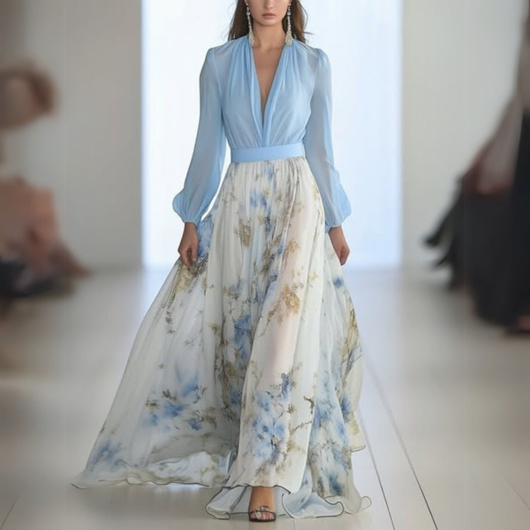 Women's Elegant Long Sleeve Floral Print Maxi Dress