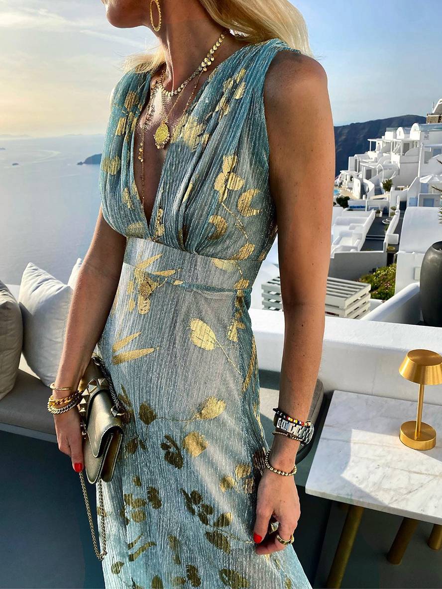 Women's Sleeveless Bronze Sequin V-Neck Evening Maxi Dress