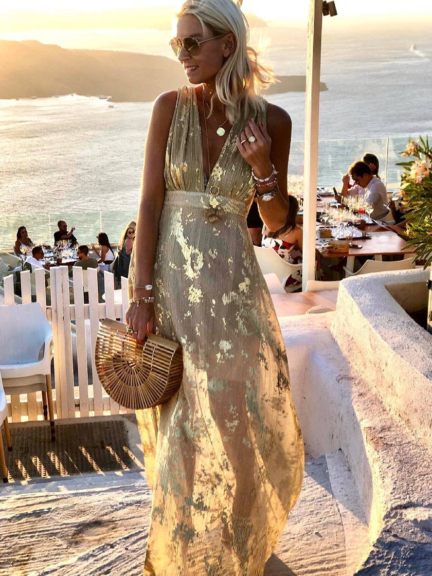 Women's Sleeveless Bronze Sequin V-Neck Evening Maxi Dress