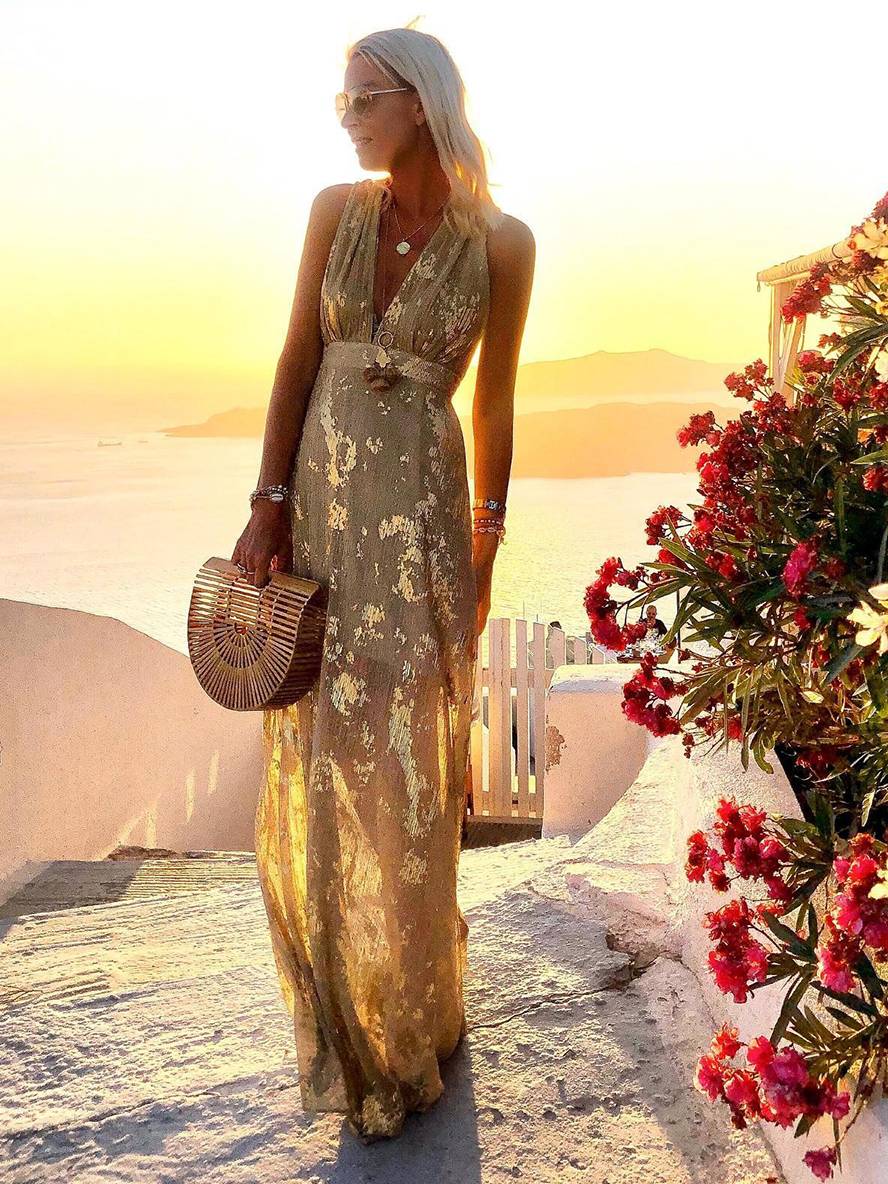 Women's Sleeveless Bronze Sequin V-Neck Evening Maxi Dress