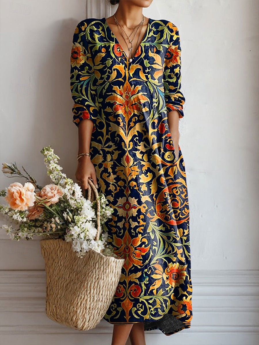 Women's Boho Baroque Scroll Print V-Neck Midi Dress with Flowing Silhouette