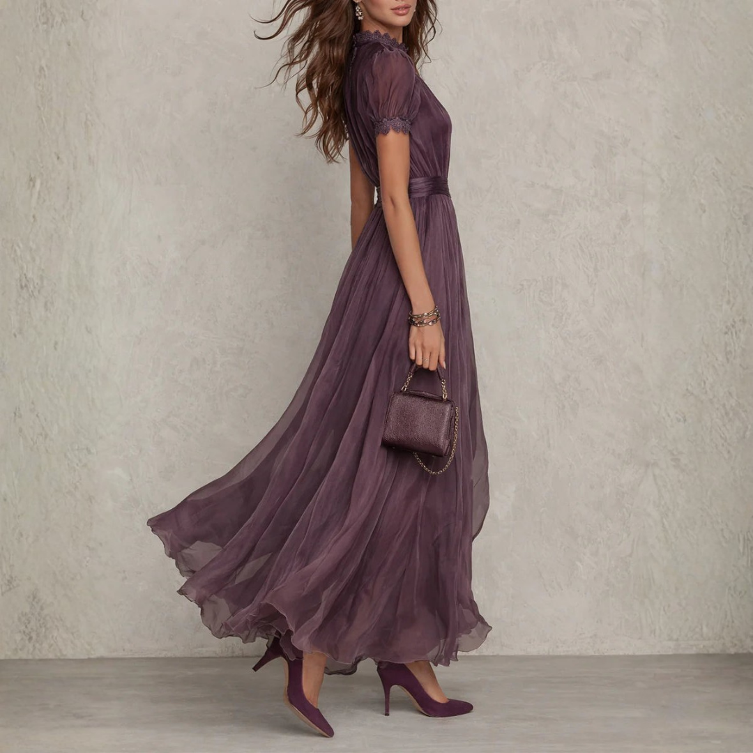Women’s Flowing Chiffon Maxi Dress with Tie Neck Detail