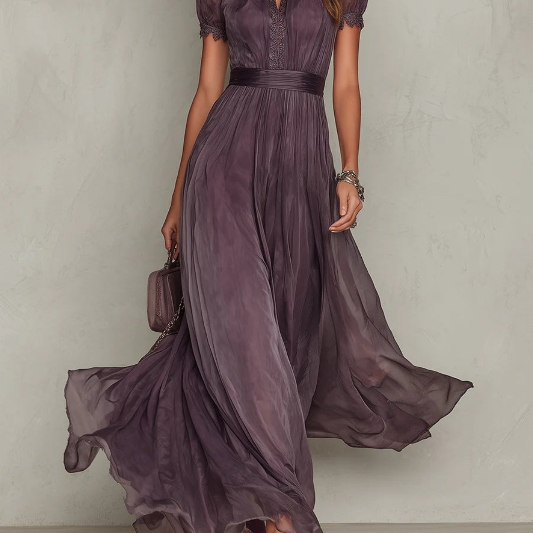 Women’s Flowing Chiffon Maxi Dress with Tie Neck Detail