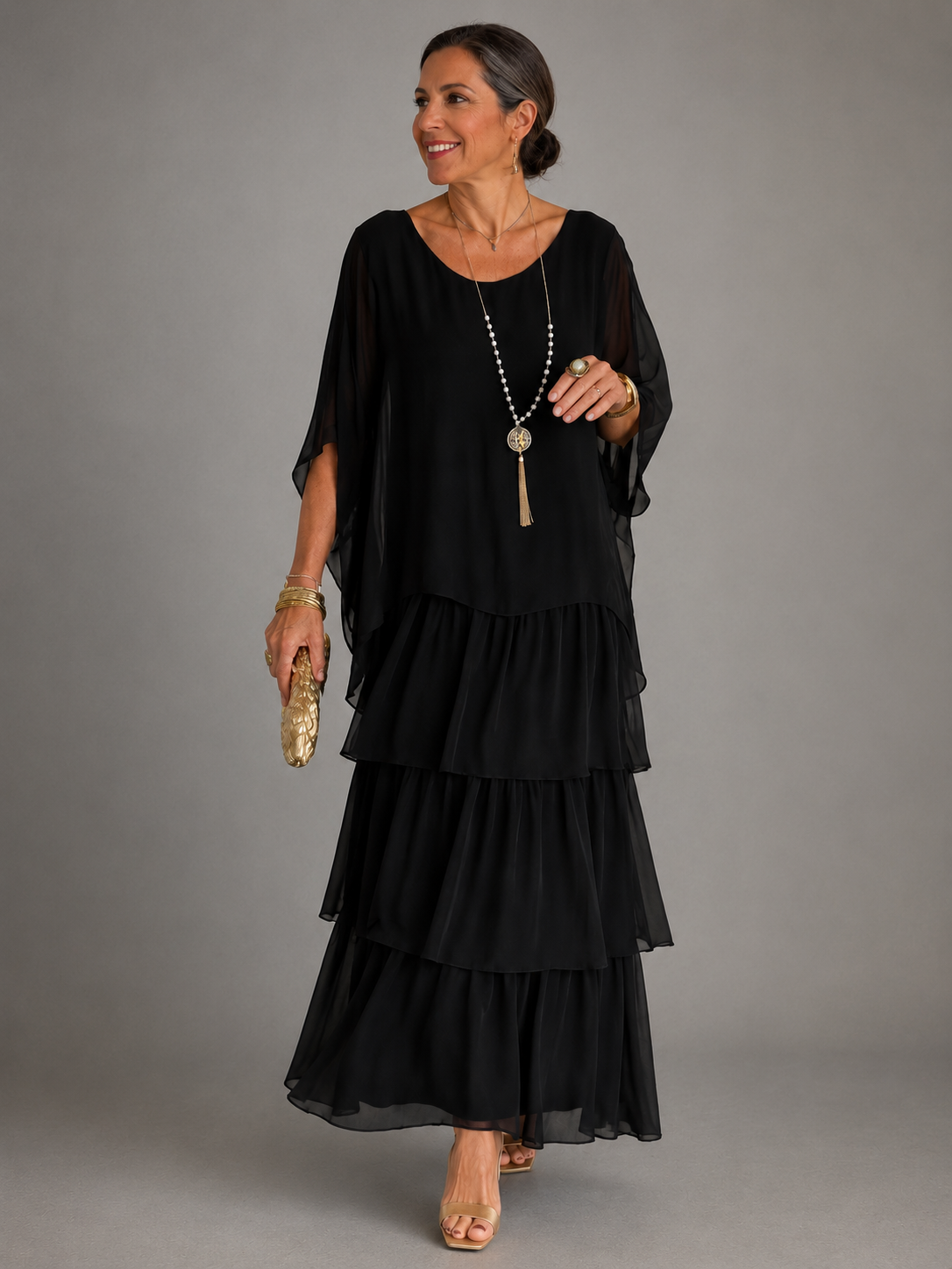 Women's Flowy Ruffle Layer Maxi Dress