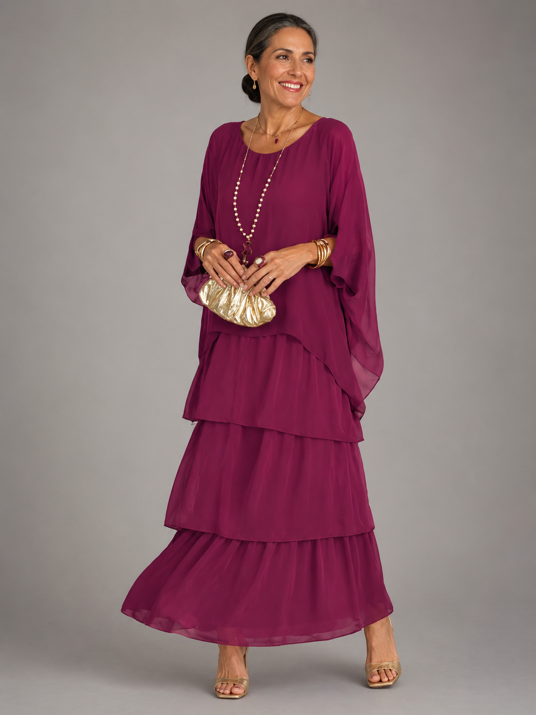 Women's Flowy Ruffle Layer Maxi Dress