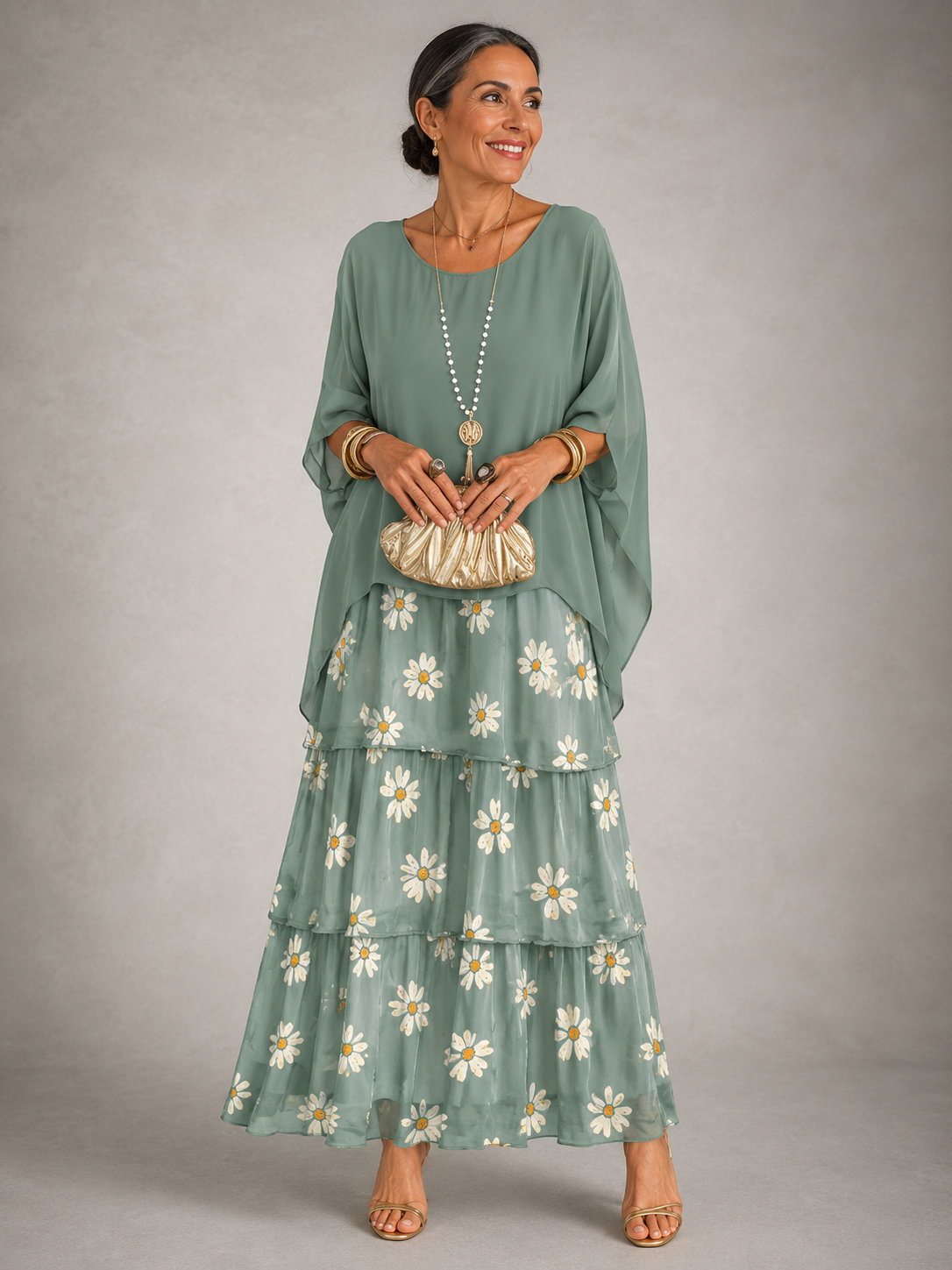 Women's Flowy Ruffle Layer Maxi Dress
