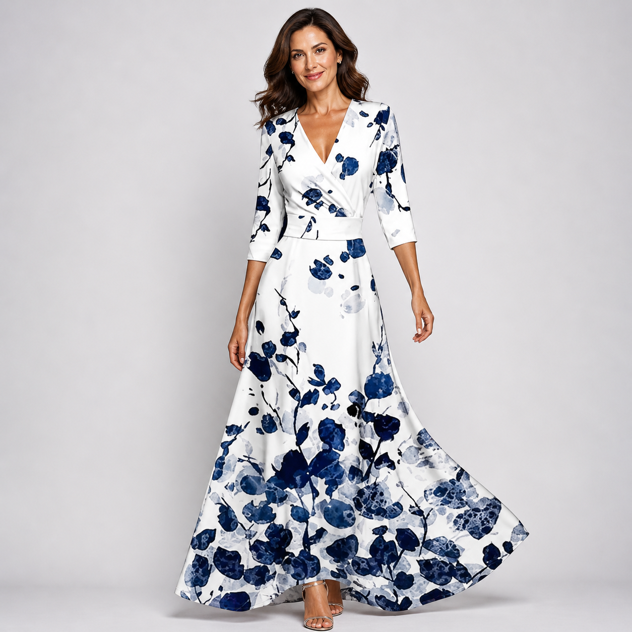 Women’s Elegant Floral Wrap Maxi Dress with 3/4 Sleeves