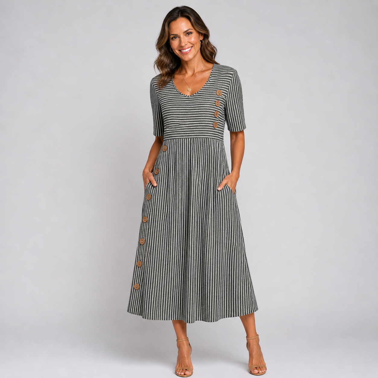Women’s Casual Striped Midi Dress with Pockets