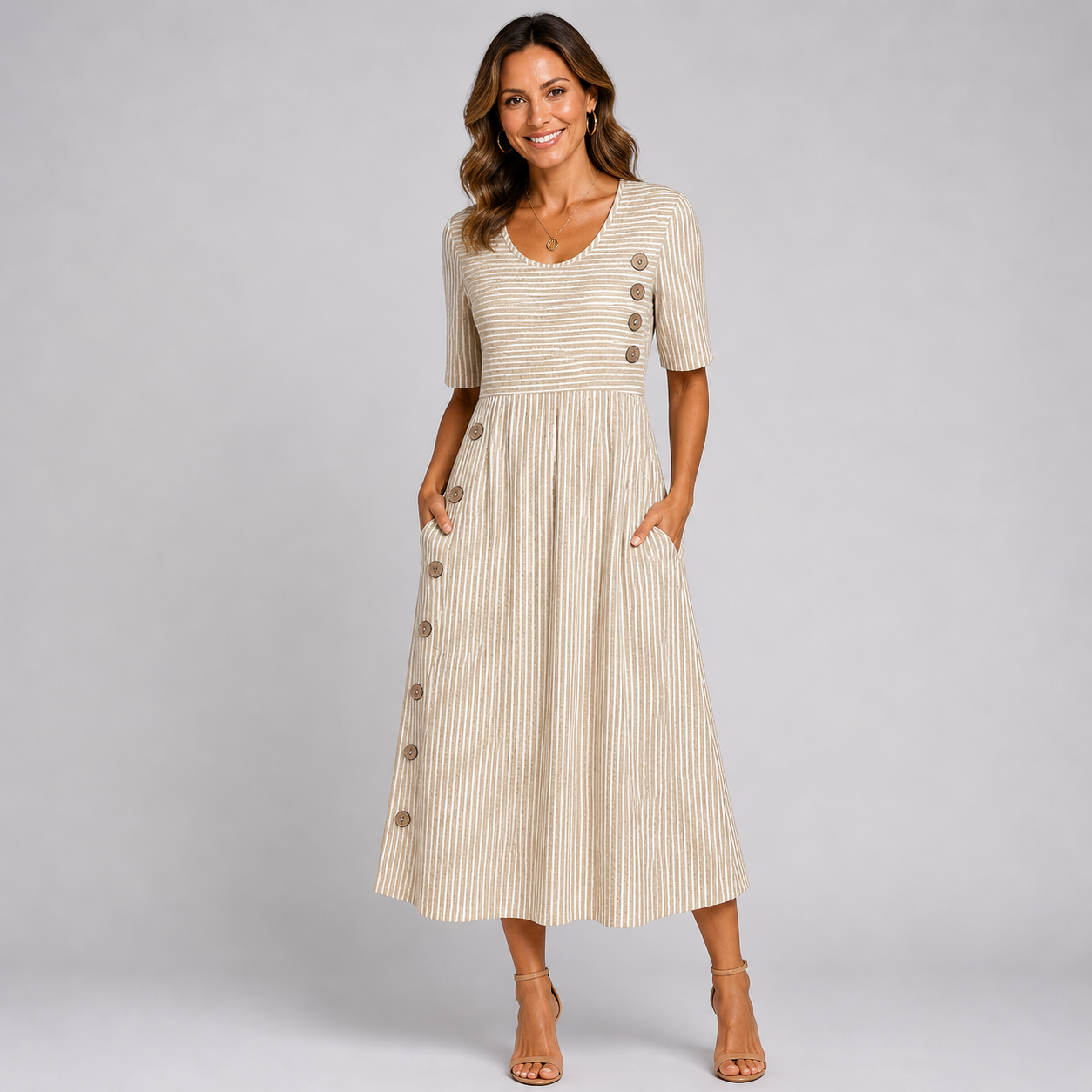 Women’s Casual Striped Midi Dress with Pockets