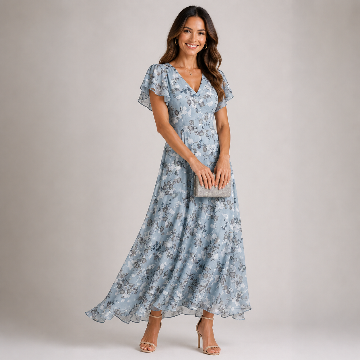 Women’s Floral Ruffle Sleeve Maxi Dress with V-Neck