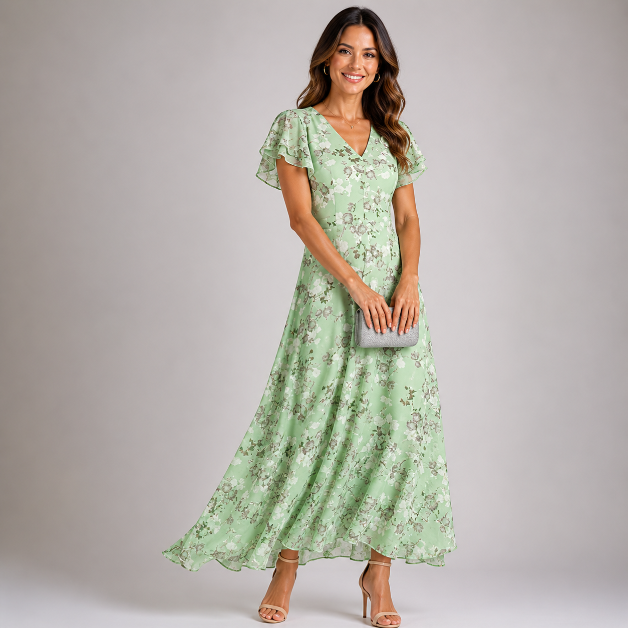 Women’s Floral Ruffle Sleeve Maxi Dress with V-Neck