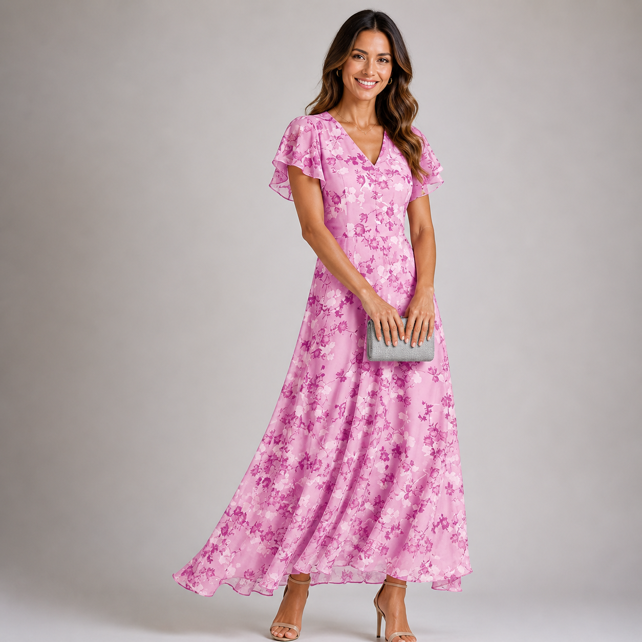 Women’s Floral Ruffle Sleeve Maxi Dress with V-Neck