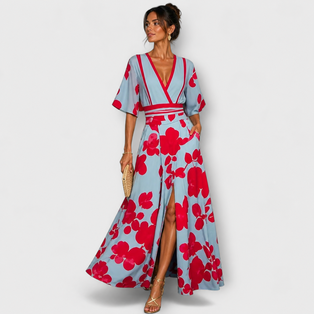 Women’s Floral Wrap Flowing Maxi Dress with Deep V-Neck