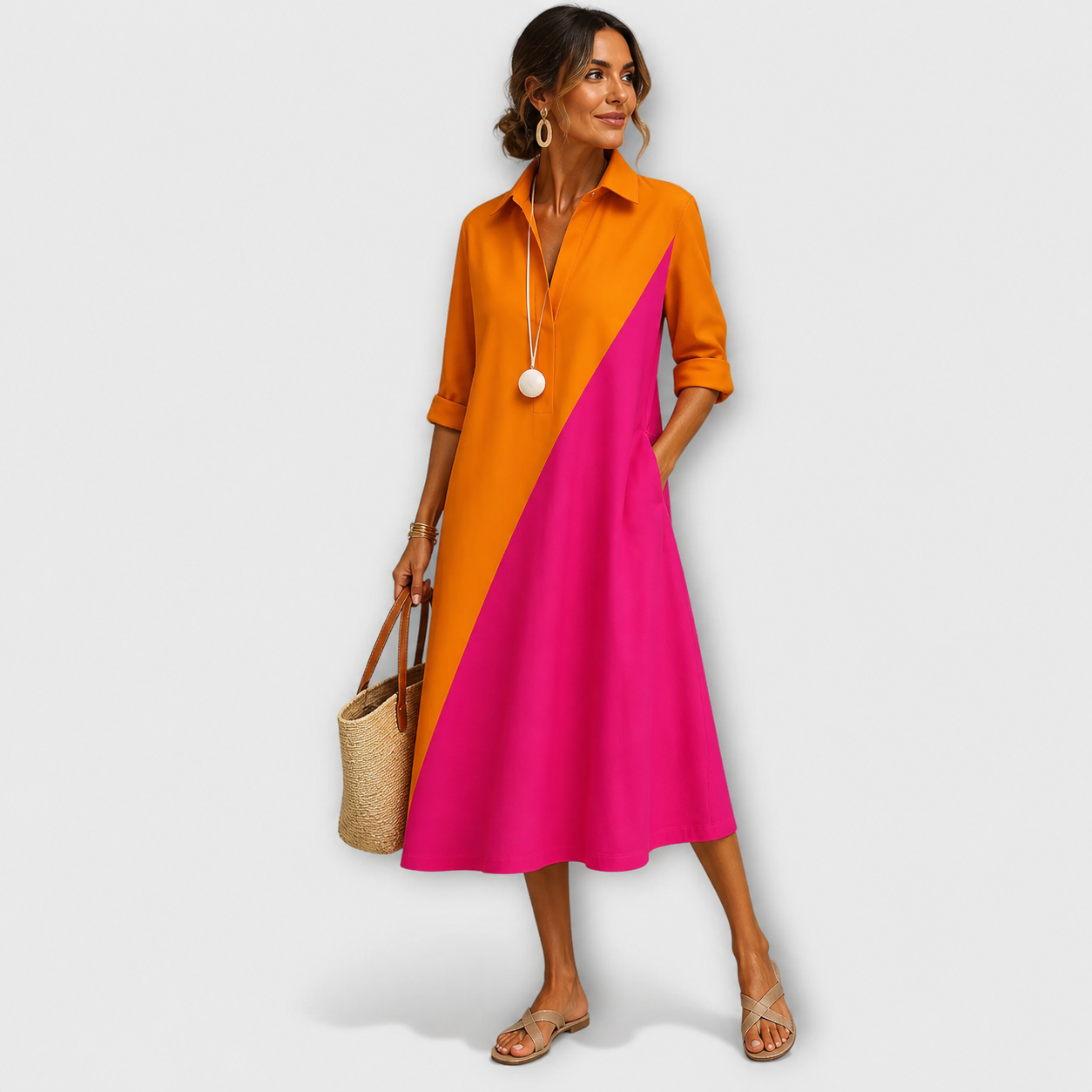 Women's Color Block Collared Midi Dress with Pockets