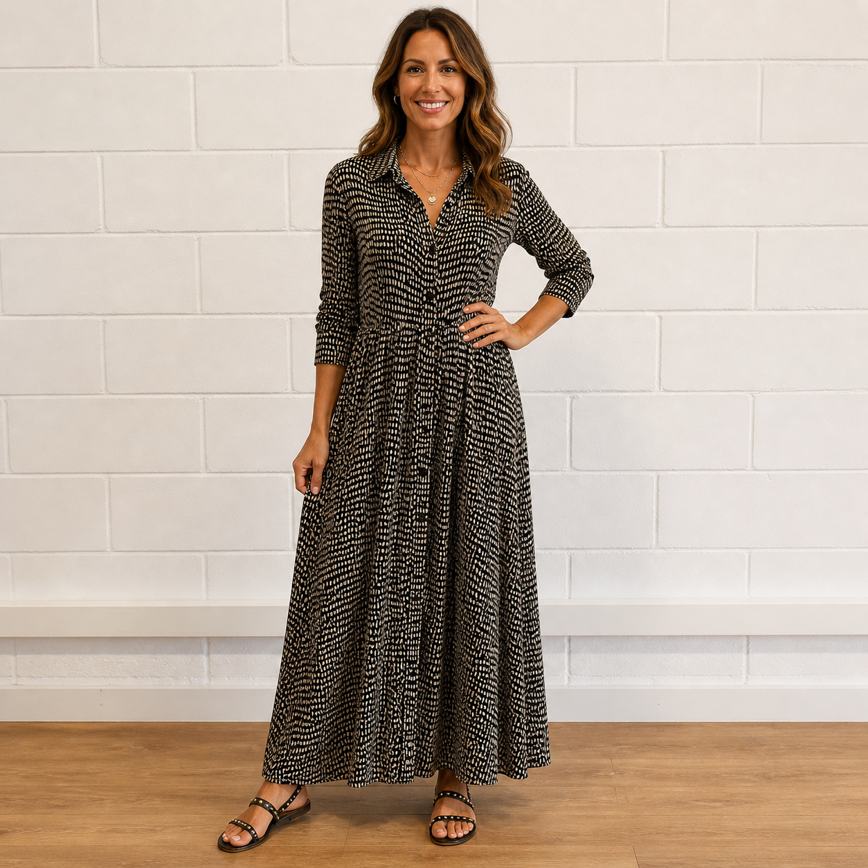 Women’s Printed Long Sleeve Flowing Maxi Dress with V-Neck