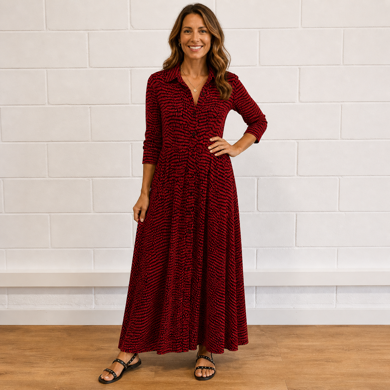 Women’s Printed Long Sleeve Flowing Maxi Dress with V-Neck